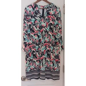 Womans L Crown &Ivy Dress Longsleeve Bell Flare Pink Blue White Paisley Print